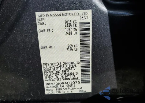 2021 Nissan Altima Sr из США, поврежденный, VIN 1N4BL4CWXMN401075